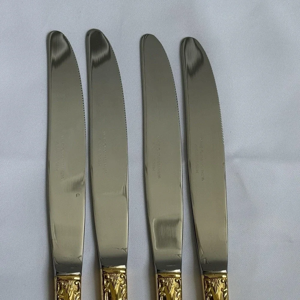 Reed & Barton Ultra Select Gold Handle‎ Dinner Knives Set 4 Japan Floral